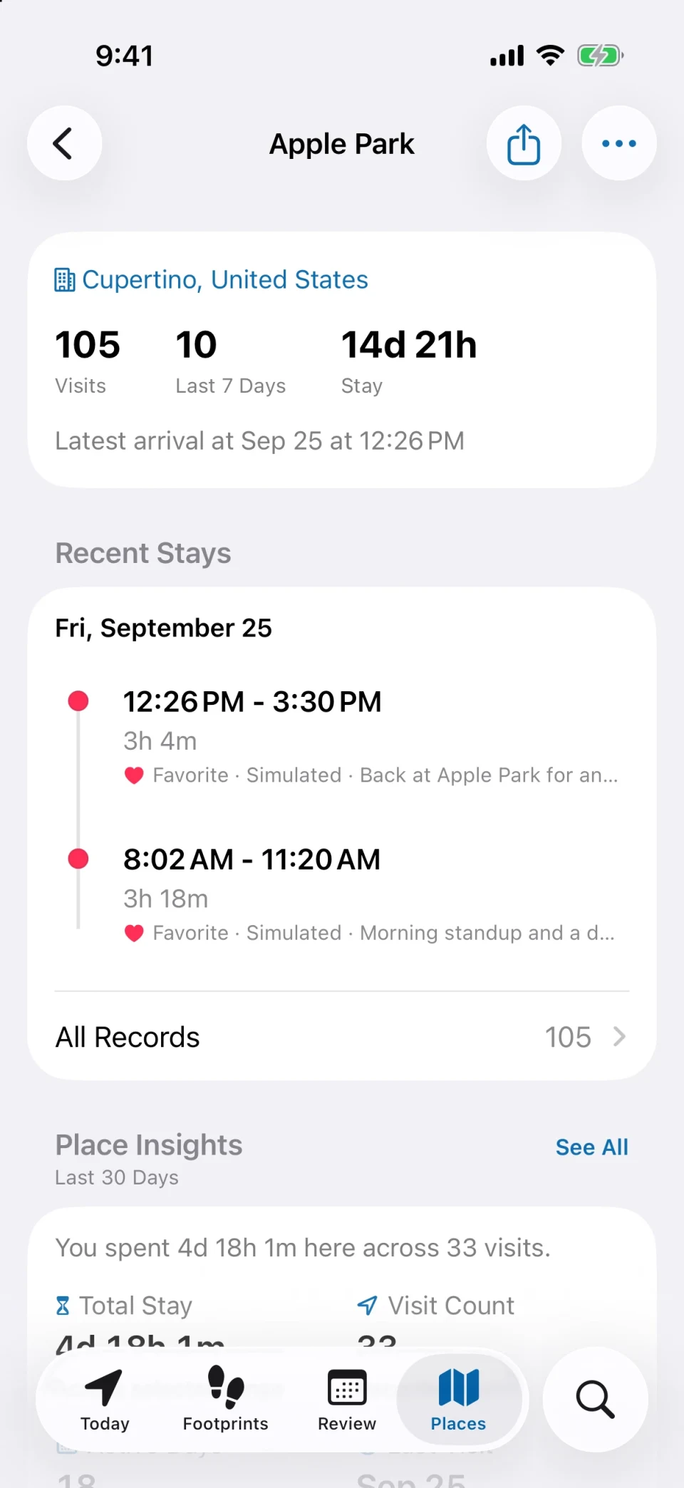 MeTrail place detail screen with visit count, stay duration, and history