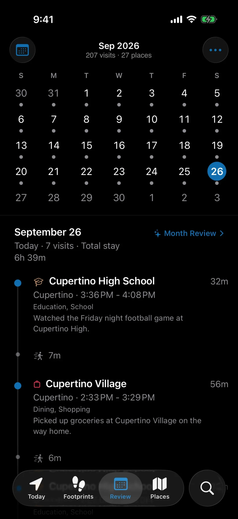 MeTrail review tab showing a month of recorded days