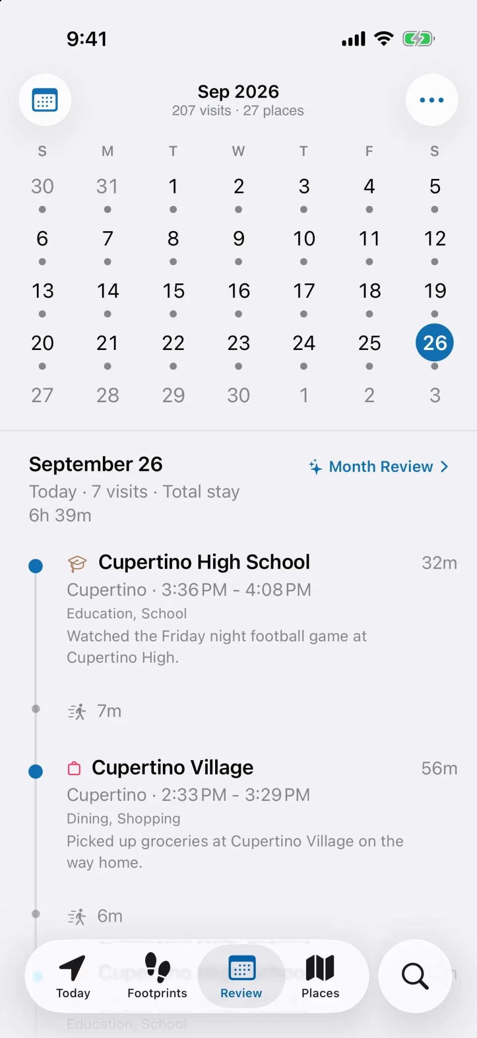 MeTrail review tab showing a month of recorded days