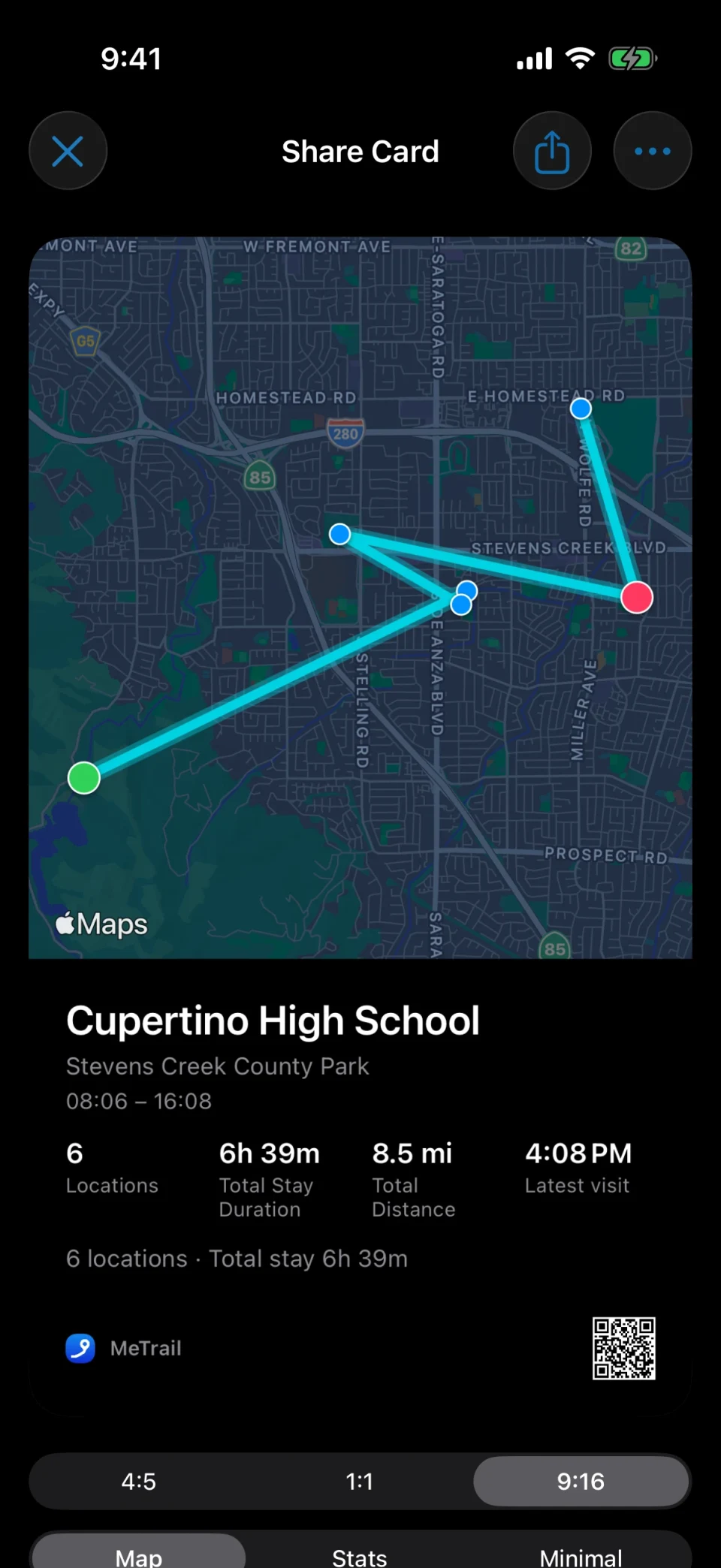 MeTrail share card with a map and a stay summary