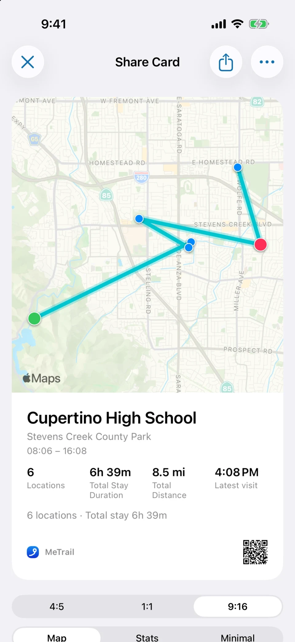 MeTrail share card with a map and a stay summary