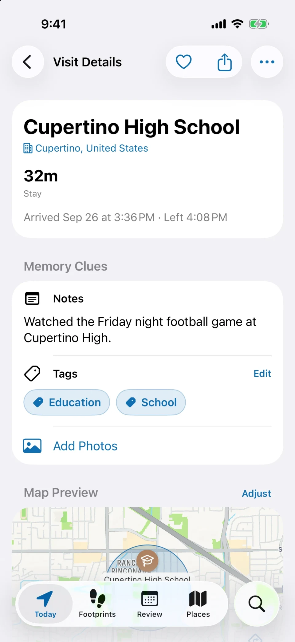 MeTrail visit detail screen with stay duration, quick actions, and saved notes