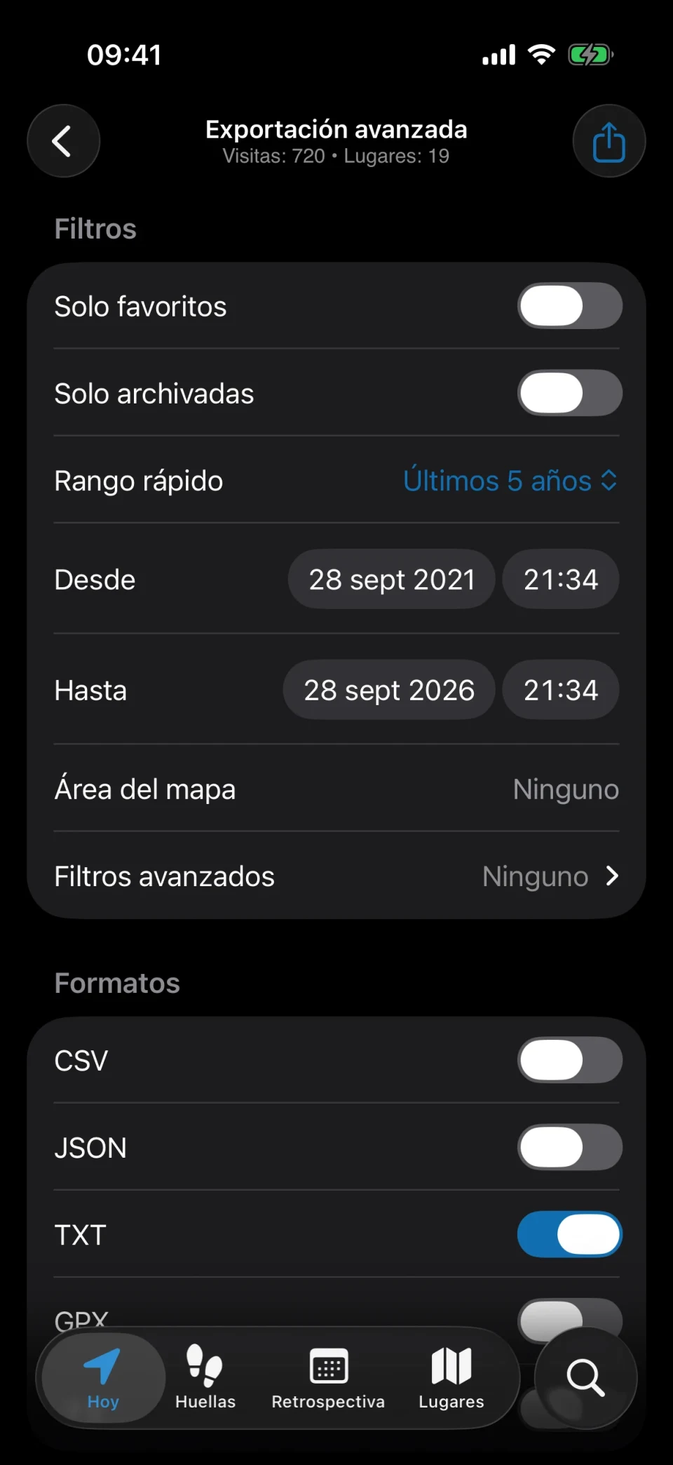 Exportación avanzada de MeTrail con filtros y opciones de formato