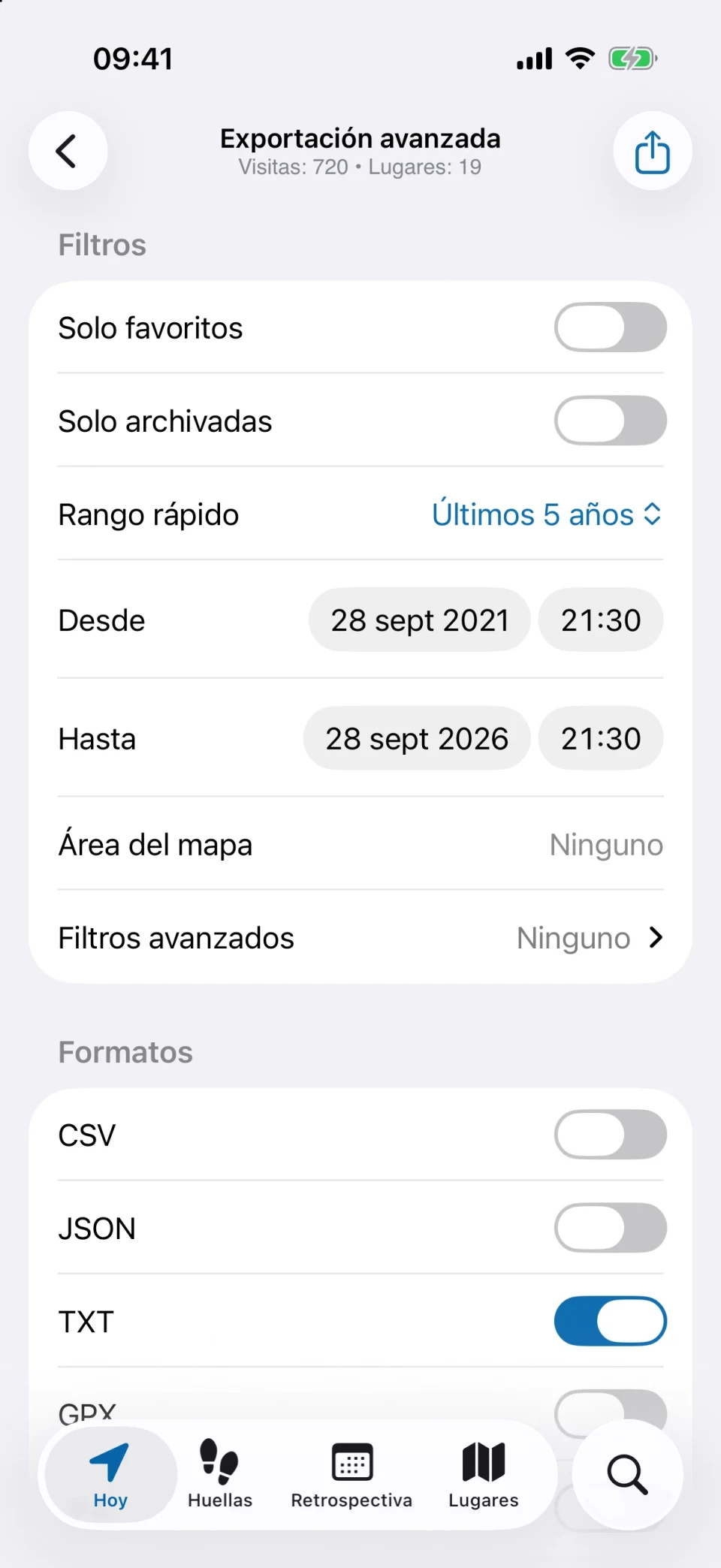 Exportación avanzada de MeTrail con filtros y opciones de formato