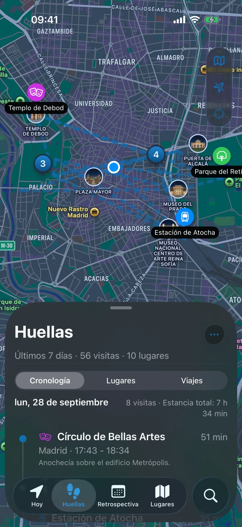 Vista Huellas de MeTrail con un resumen de los lugares visitados y la lista de visitas día a día