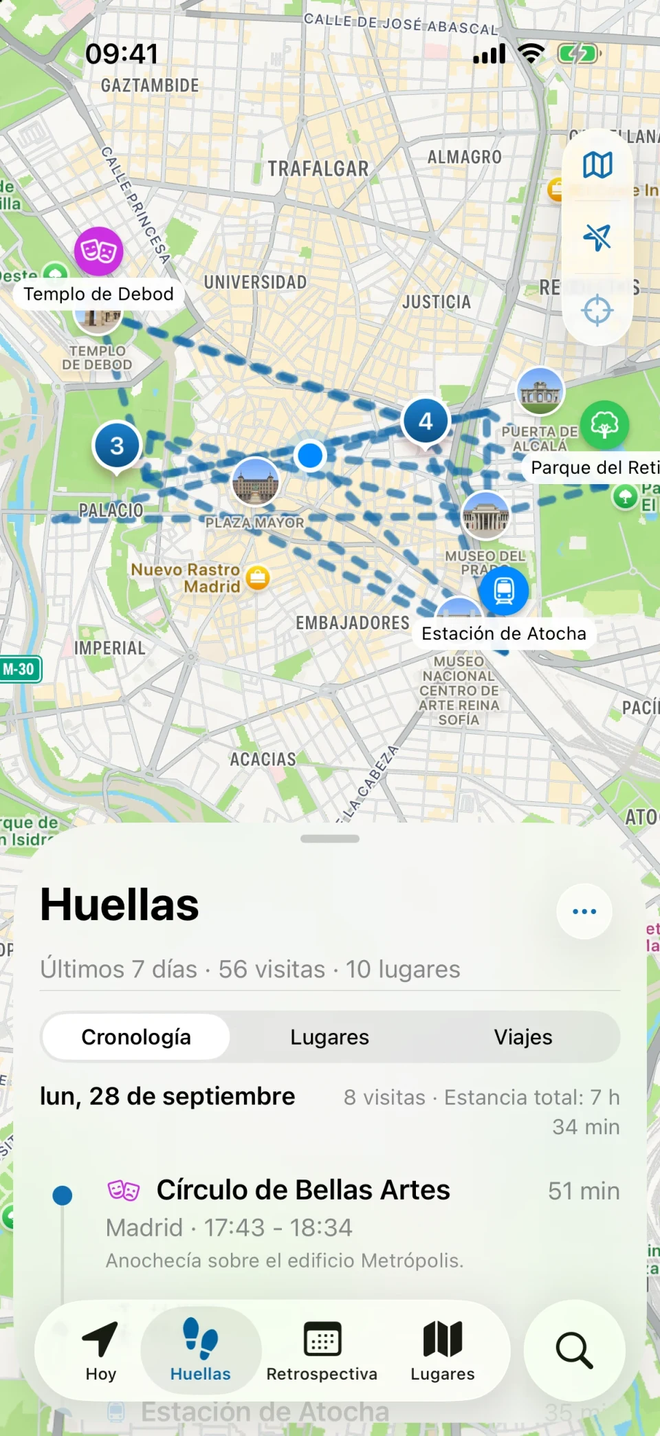 Vista Huellas de MeTrail con un resumen de los lugares visitados y la lista de visitas día a día
