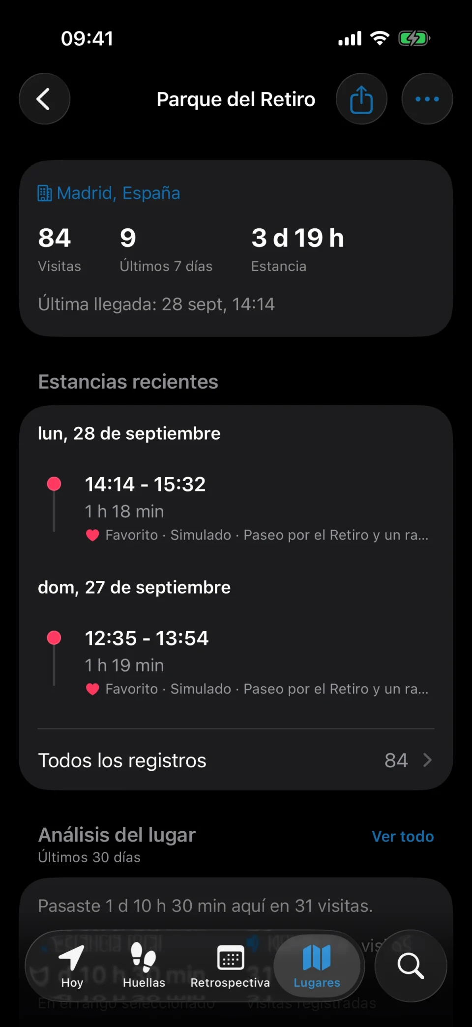 Pantalla de detalles del lugar de MeTrail con número de visitas, duración de las estancias e historial