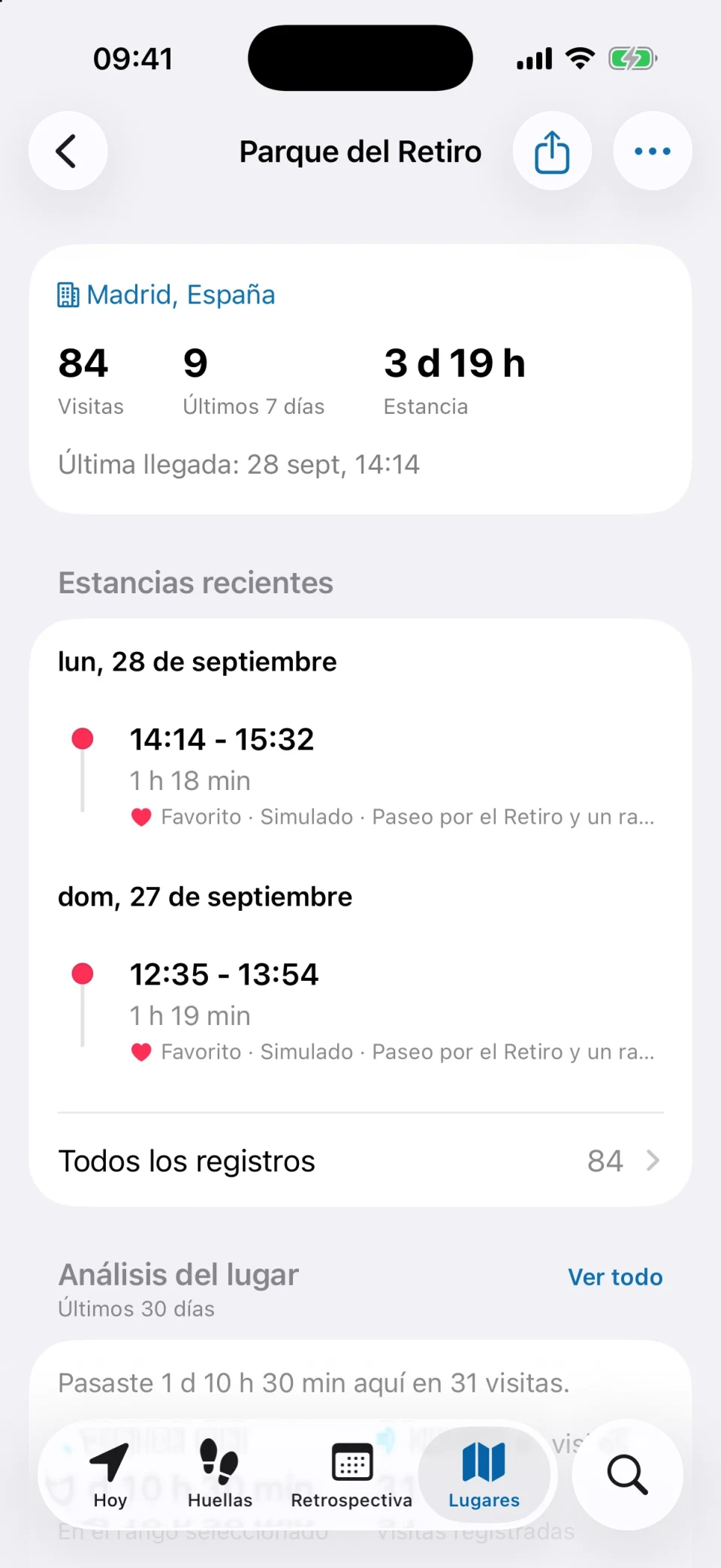 Pantalla de detalles del lugar de MeTrail con número de visitas, duración de las estancias e historial