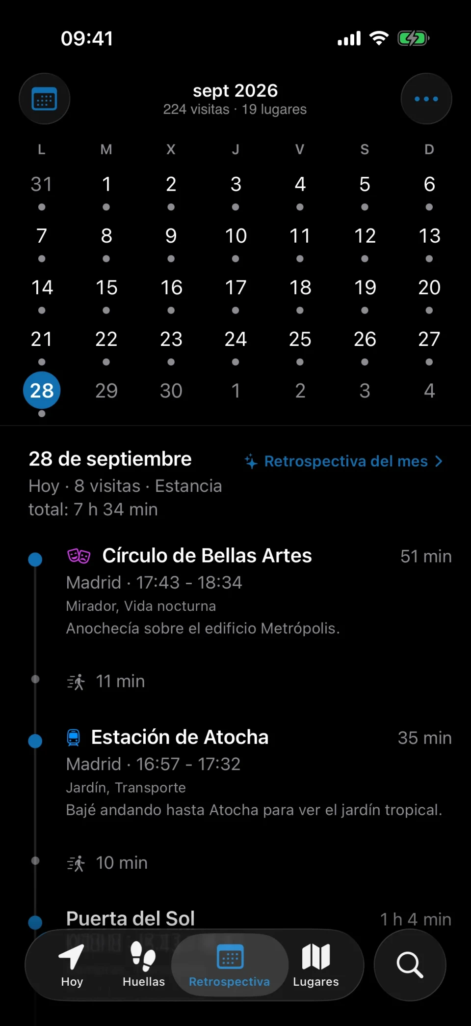 Pestaña Retrospectiva de MeTrail con un mes de días registrados