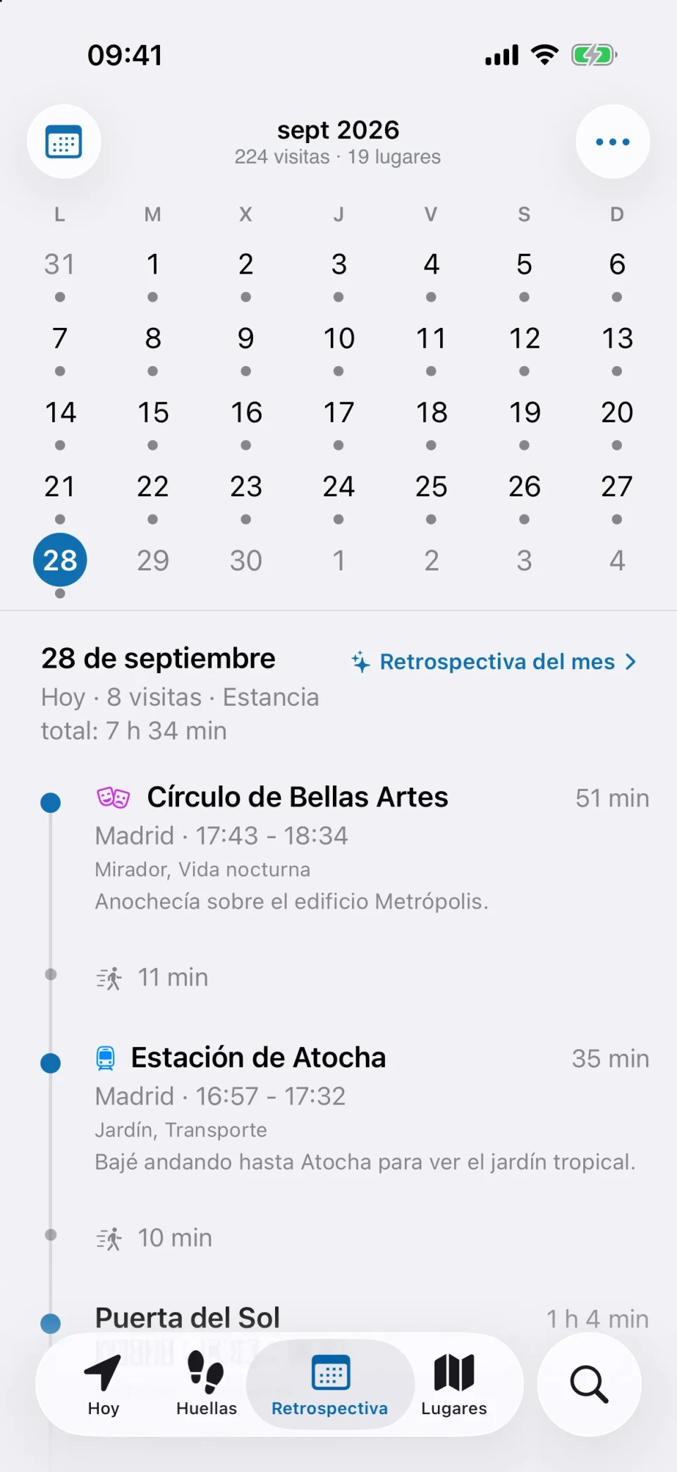 Pestaña Retrospectiva de MeTrail con un mes de días registrados