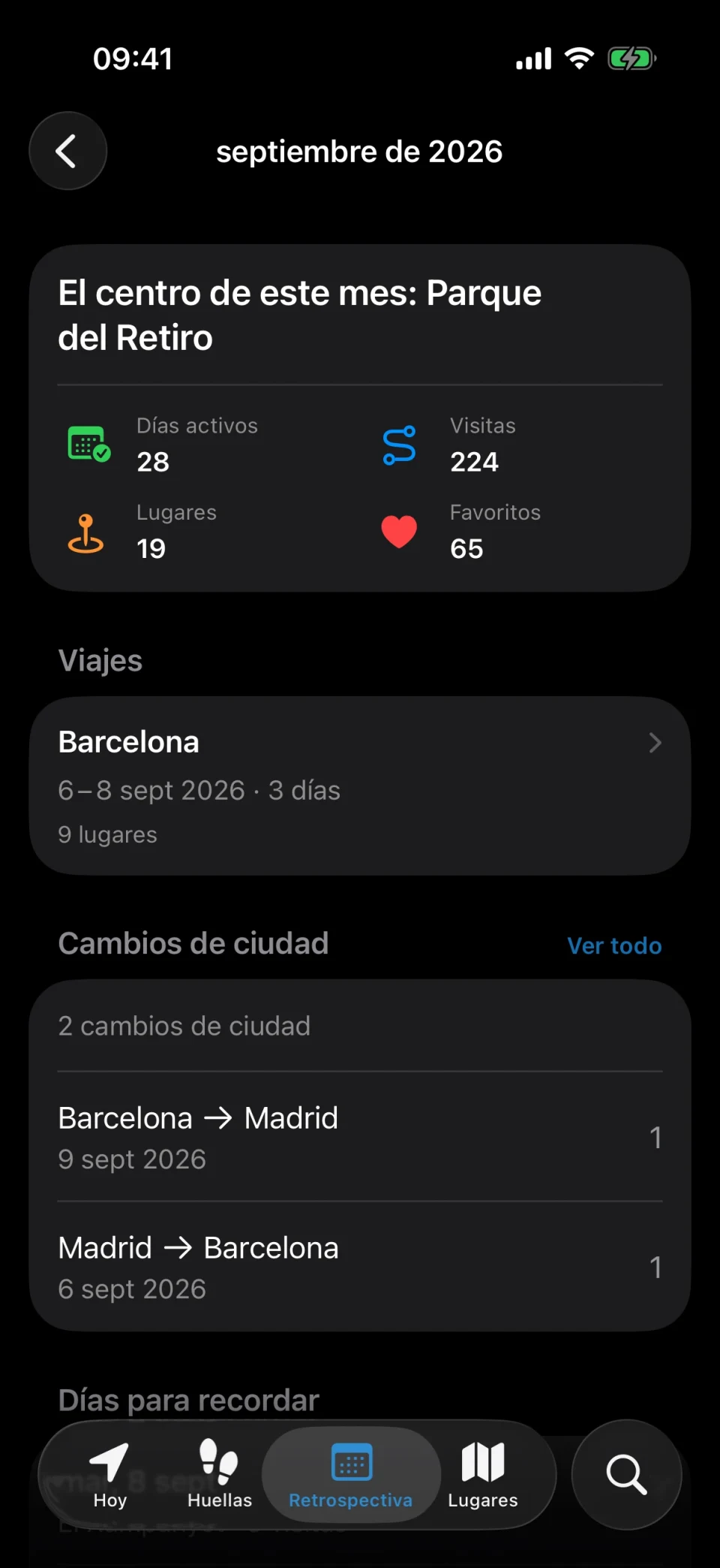 Retrospectiva mensual de MeTrail con días activos, número de visitas y comparación con el mes anterior