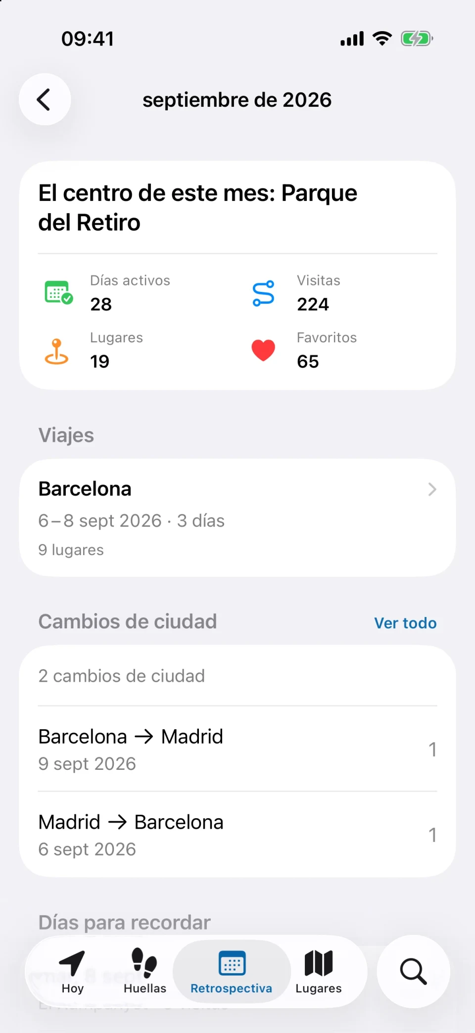 Retrospectiva mensual de MeTrail con días activos, número de visitas y comparación con el mes anterior