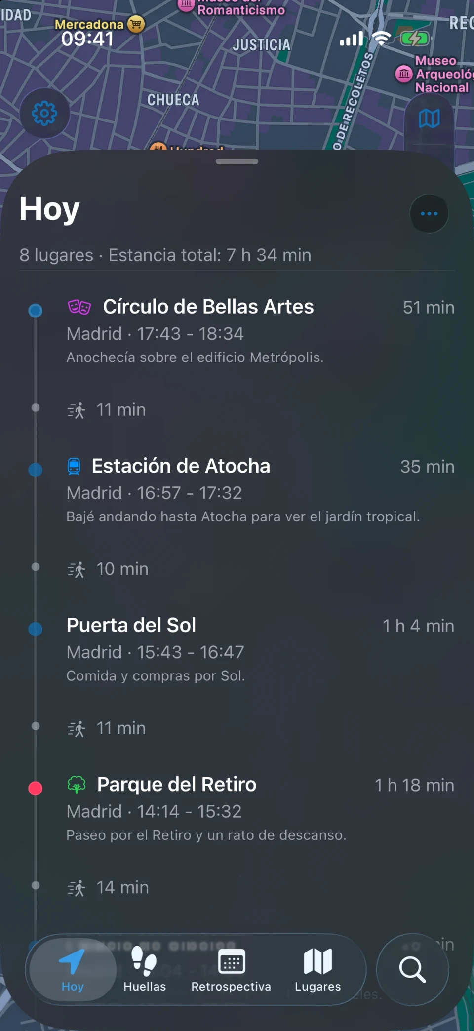 Vista Hoy de MeTrail con la ruta del día y los lugares en orden