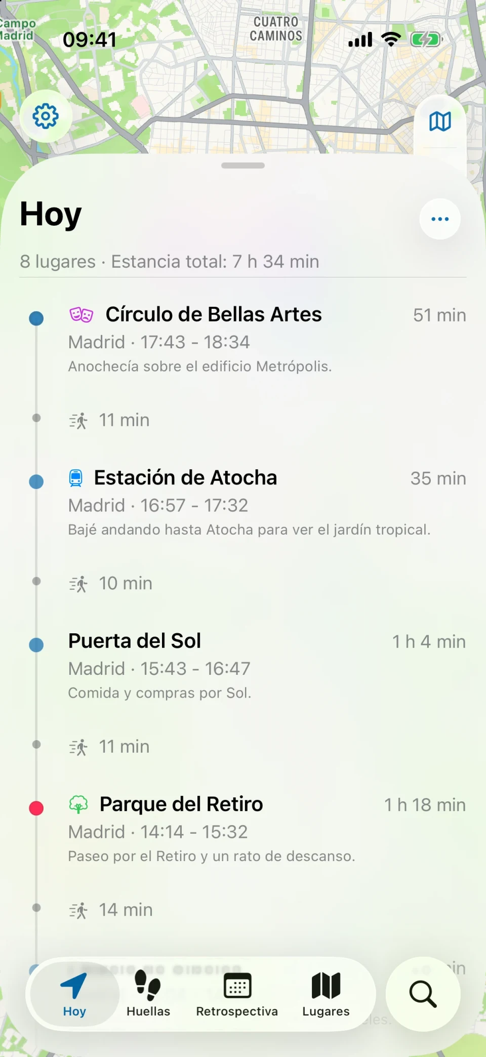 Vista Hoy de MeTrail con la ruta del día y los lugares en orden