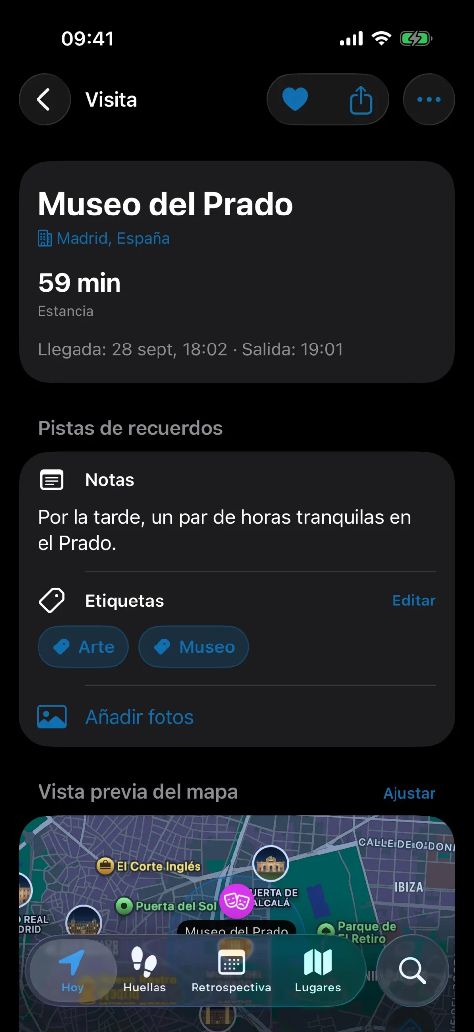 Pantalla de detalles de la visita de MeTrail con duración de la estancia, acciones rápidas y notas guardadas