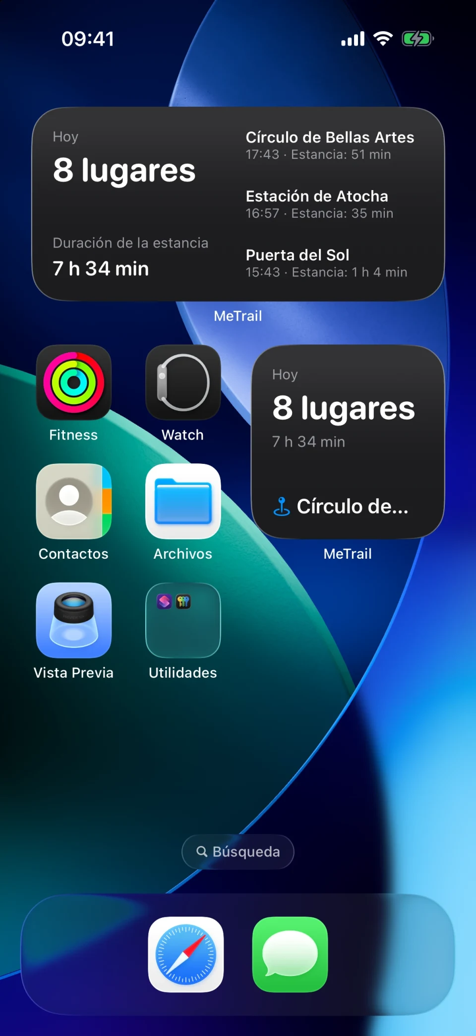 Widget de MeTrail en la pantalla de inicio con el resumen de hoy y los registros recientes