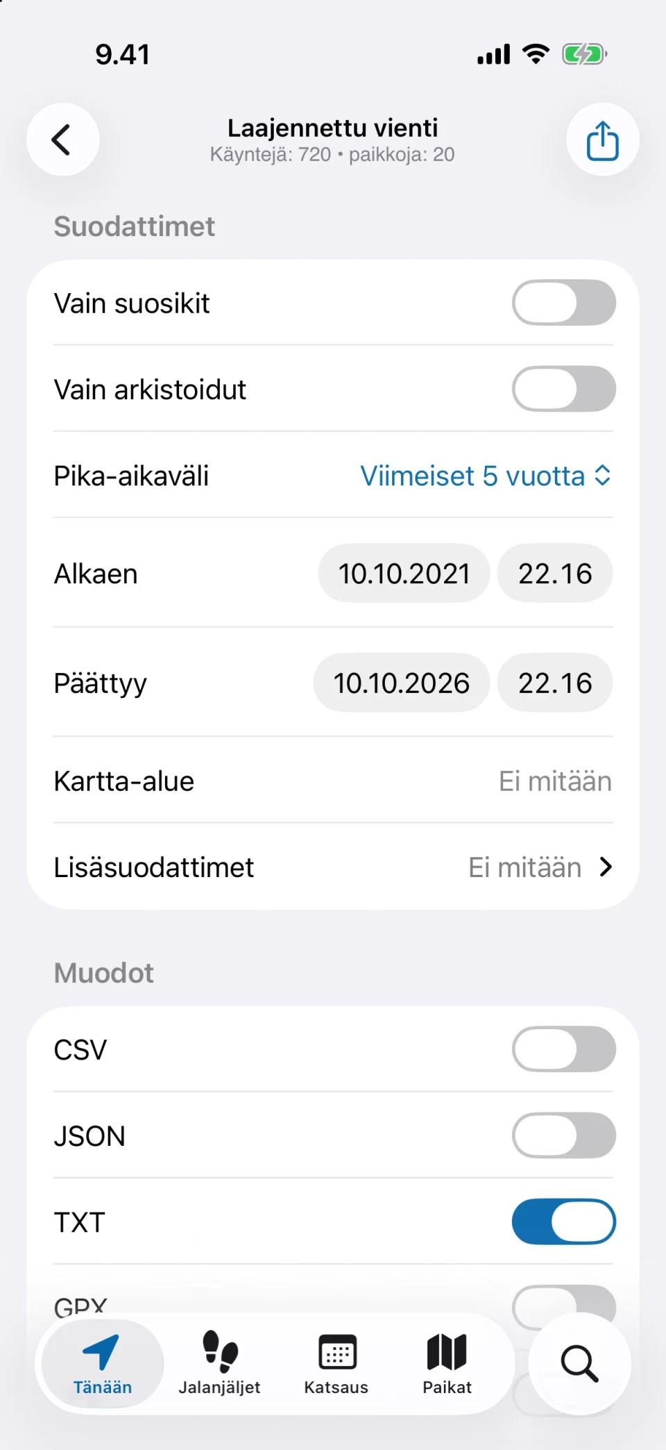 MeTrailin laajennettu vienti suodattimineen ja muotovalintoineen