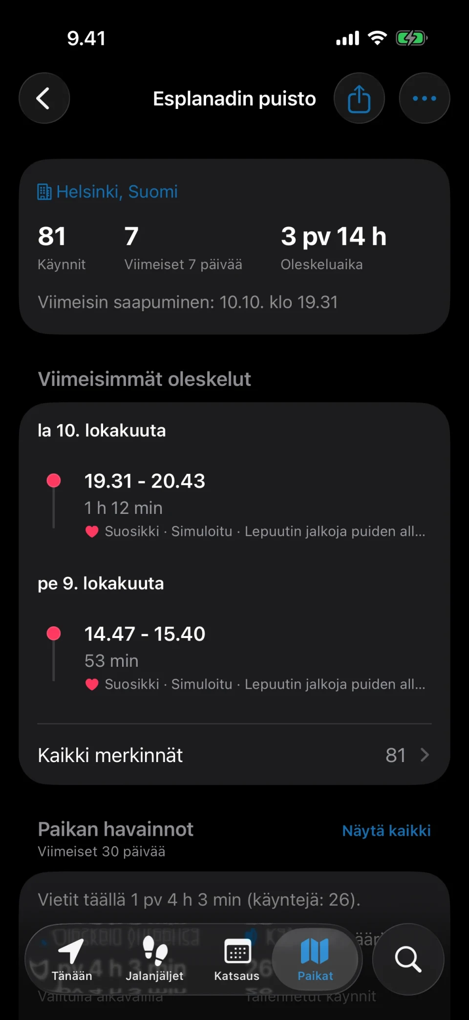 MeTrailin paikan tiedot, joissa näkyvät käyntien määrä, oleskeluaika ja historia