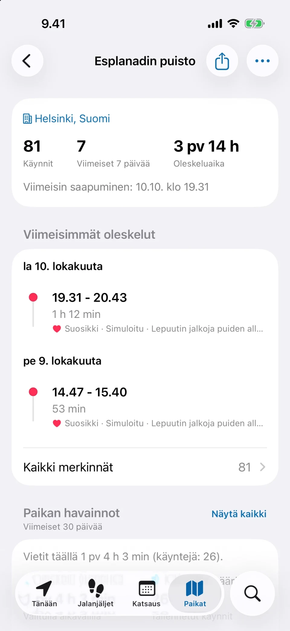 MeTrailin paikan tiedot, joissa näkyvät käyntien määrä, oleskeluaika ja historia