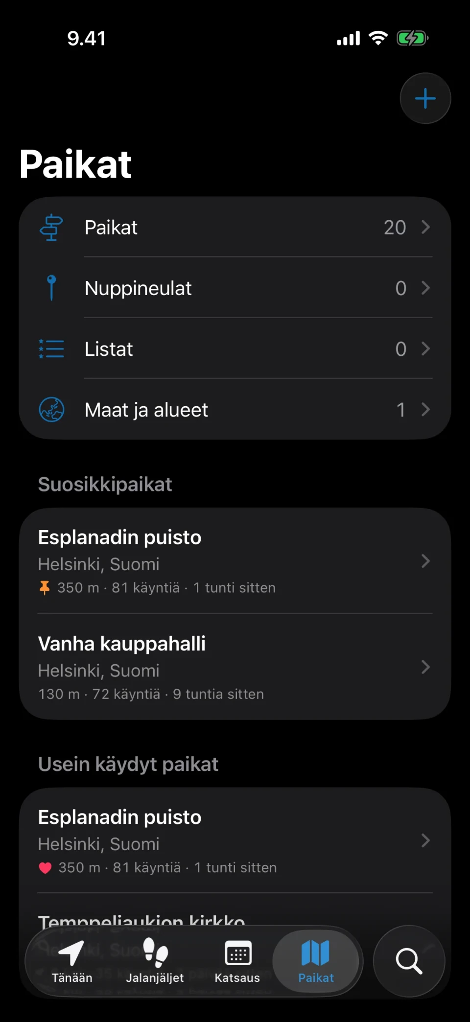 MeTrailin Paikat-välilehti, jossa näkyvät usein käydyt paikat, suosikit ja tunnisteet