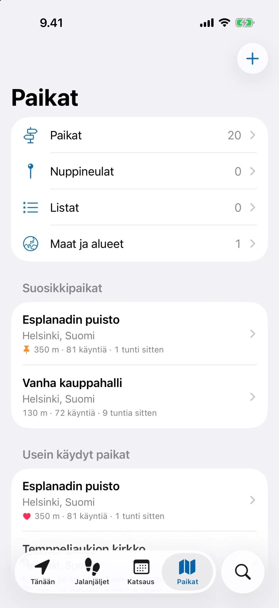 MeTrailin Paikat-välilehti, jossa näkyvät usein käydyt paikat, suosikit ja tunnisteet