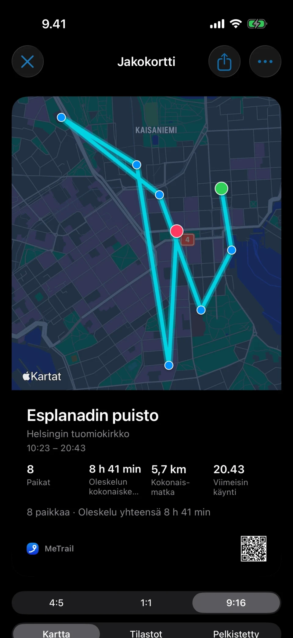 MeTrailin jakokortti, jossa on kartta ja yhteenveto oleskelusta