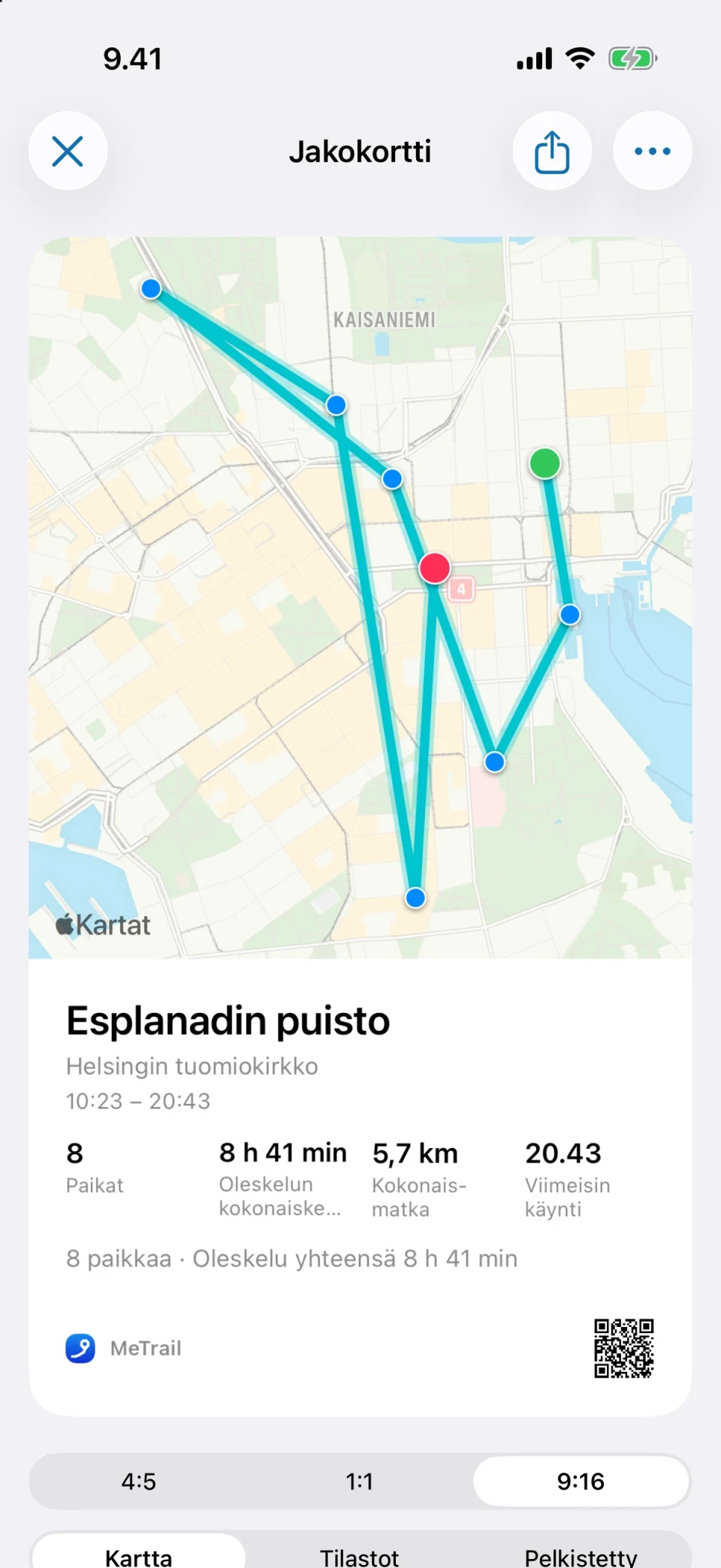MeTrailin jakokortti, jossa on kartta ja yhteenveto oleskelusta