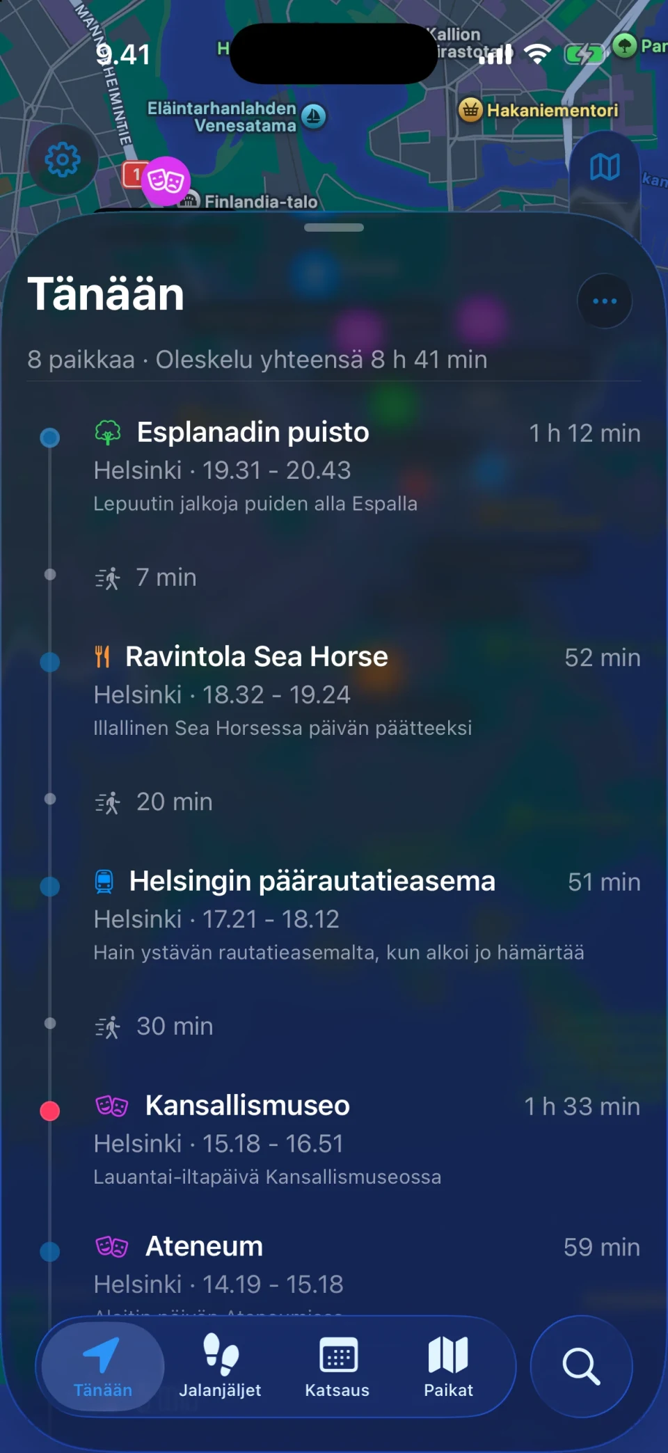 MeTrailin Tänään-näkymä, jossa näkyvät päivän reitti ja paikat järjestyksessä