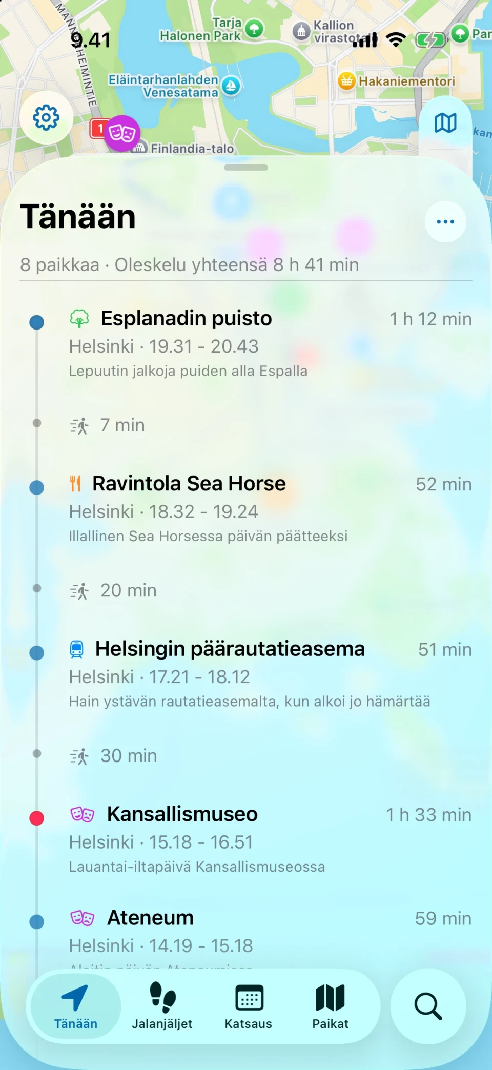 MeTrailin Tänään-näkymä, jossa näkyvät päivän reitti ja paikat järjestyksessä