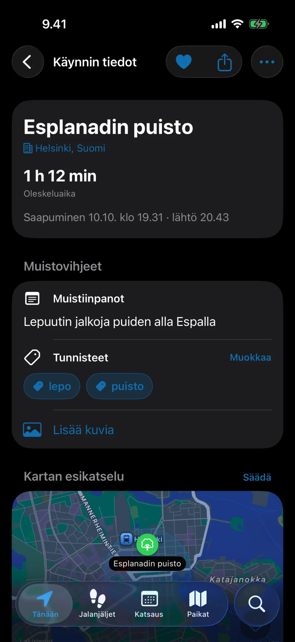 MeTrailin käynnin tiedot, joissa näkyvät oleskeluaika, pikatoiminnot ja tallennetut muistiinpanot