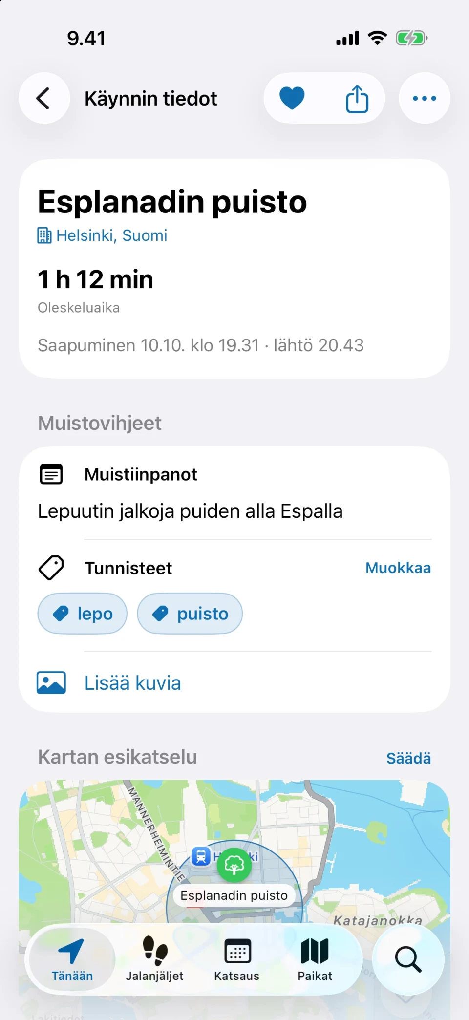 MeTrailin käynnin tiedot, joissa näkyvät oleskeluaika, pikatoiminnot ja tallennetut muistiinpanot