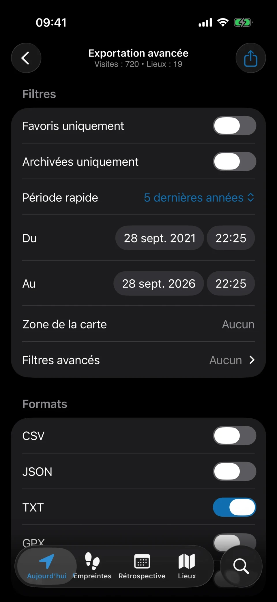 Exportation avancée de MeTrail avec filtres et choix des formats
