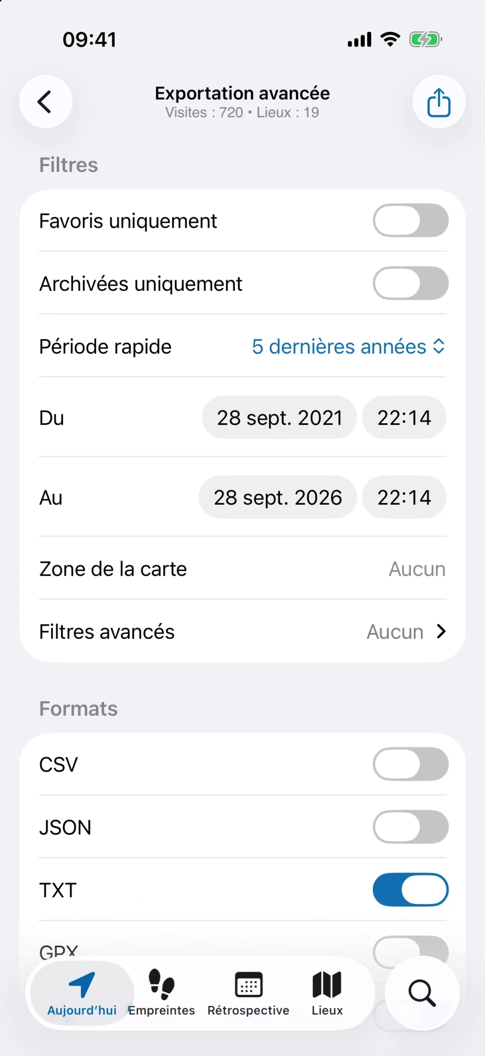 Exportation avancée de MeTrail avec filtres et choix des formats