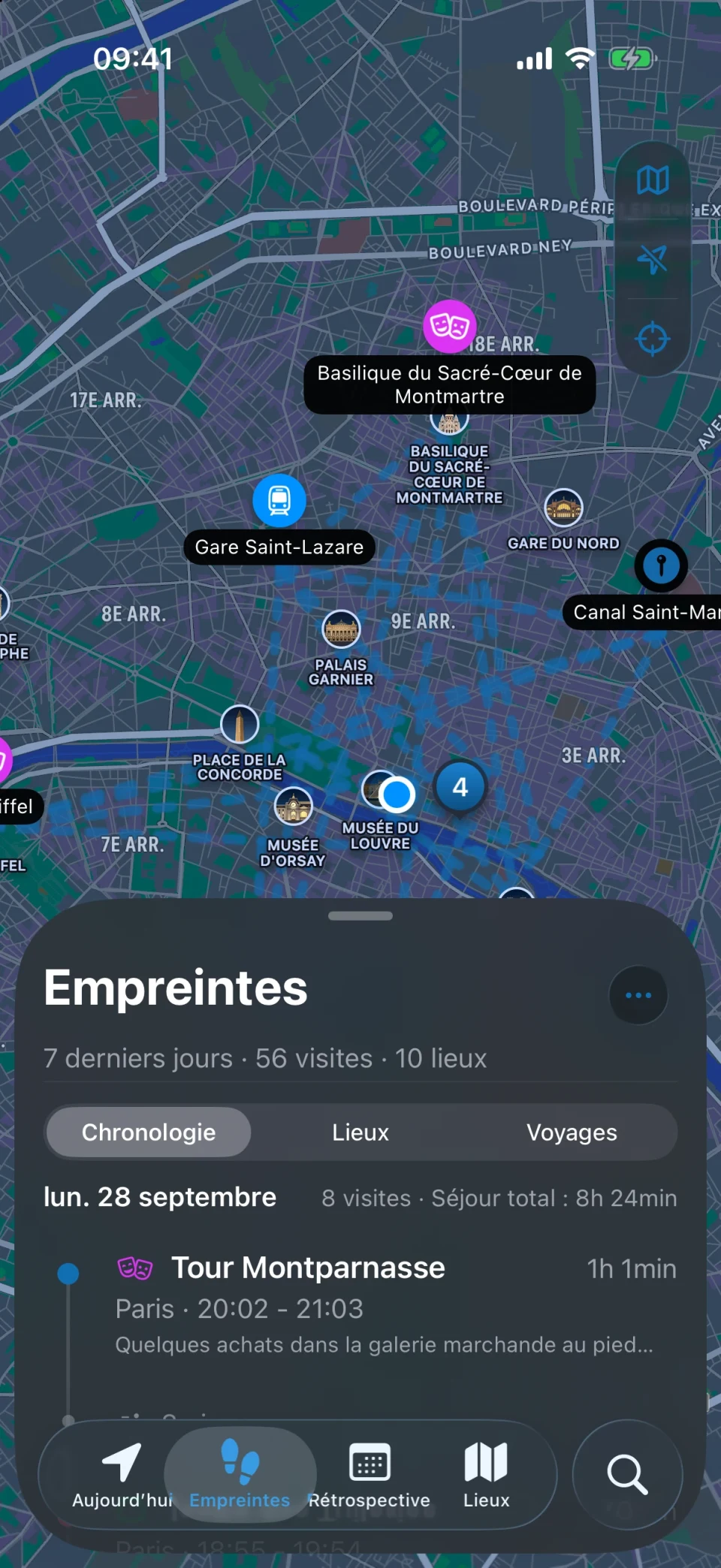 Vue Empreintes de MeTrail avec un résumé des lieux visités et la liste des visites jour par jour