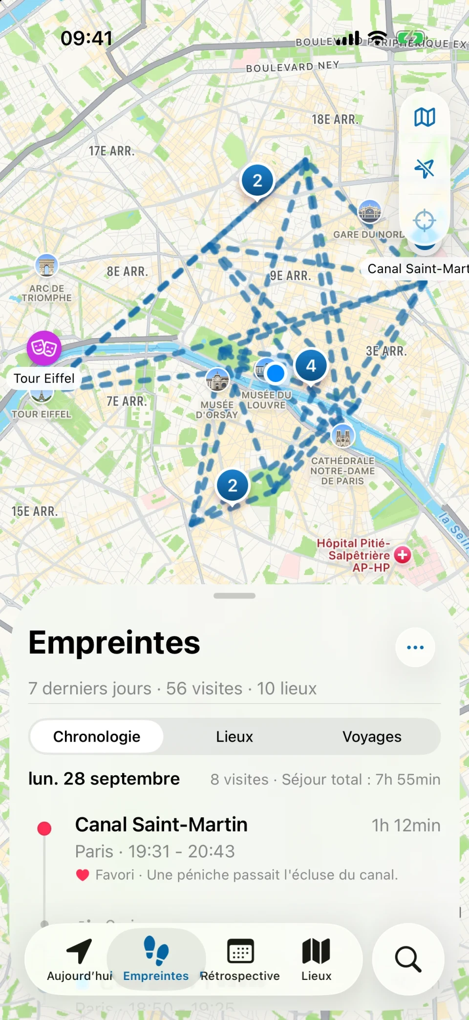 Vue Empreintes de MeTrail avec un résumé des lieux visités et la liste des visites jour par jour