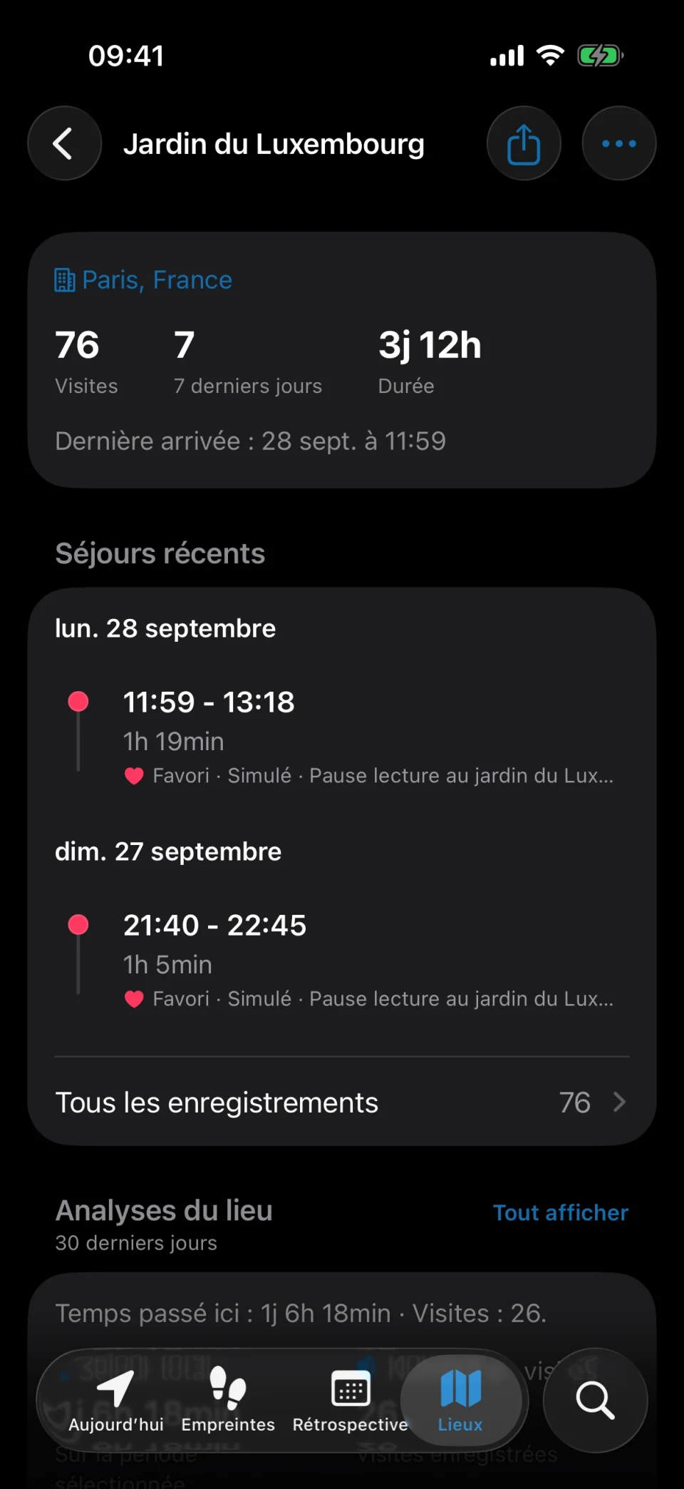 Détails d’un lieu dans MeTrail, avec nombre de visites, durée des séjours et historique