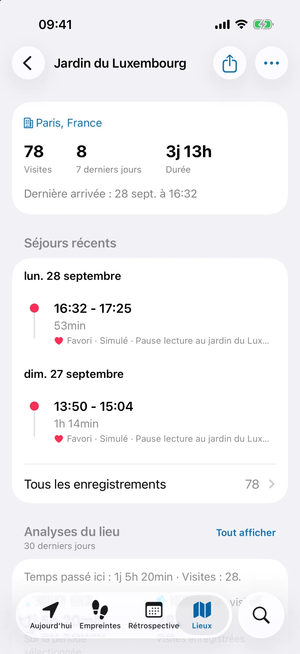 Détails d’un lieu dans MeTrail, avec nombre de visites, durée des séjours et historique