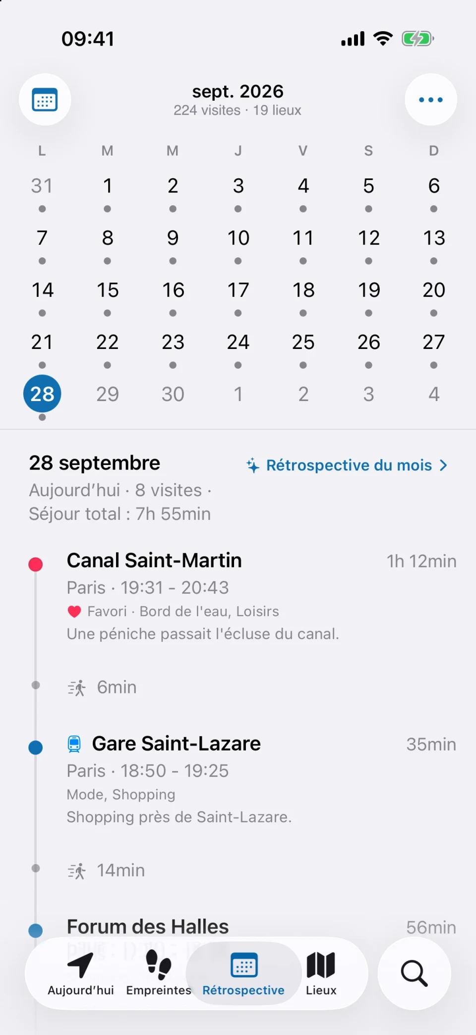 Onglet Rétrospective de MeTrail montrant un mois de journées enregistrées