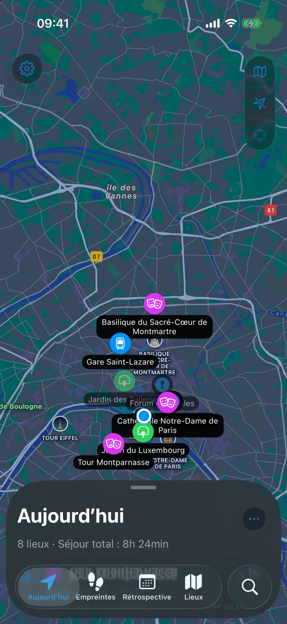 Vue Aujourd’hui de MeTrail montrant le trajet du jour sur une carte, avec les lieux listés dans l’ordre en dessous