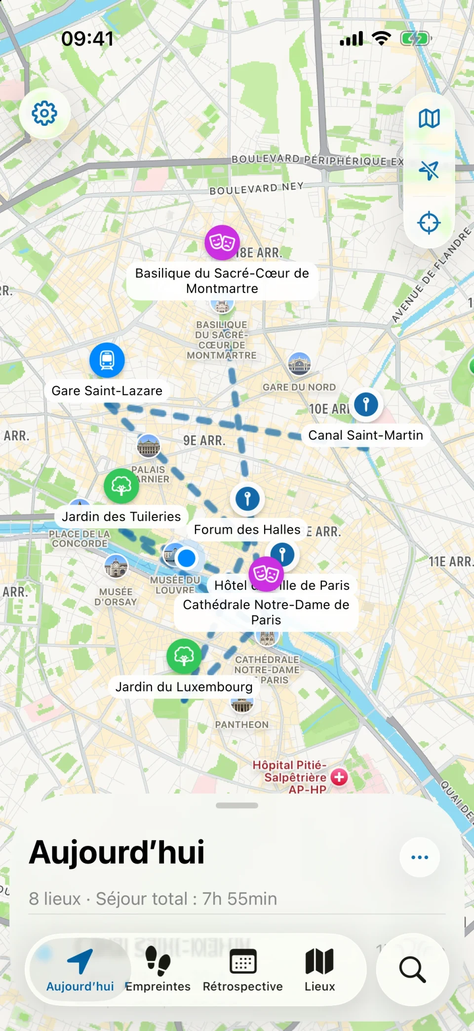 Vue Aujourd’hui de MeTrail montrant le trajet du jour sur une carte, avec les lieux listés dans l’ordre en dessous