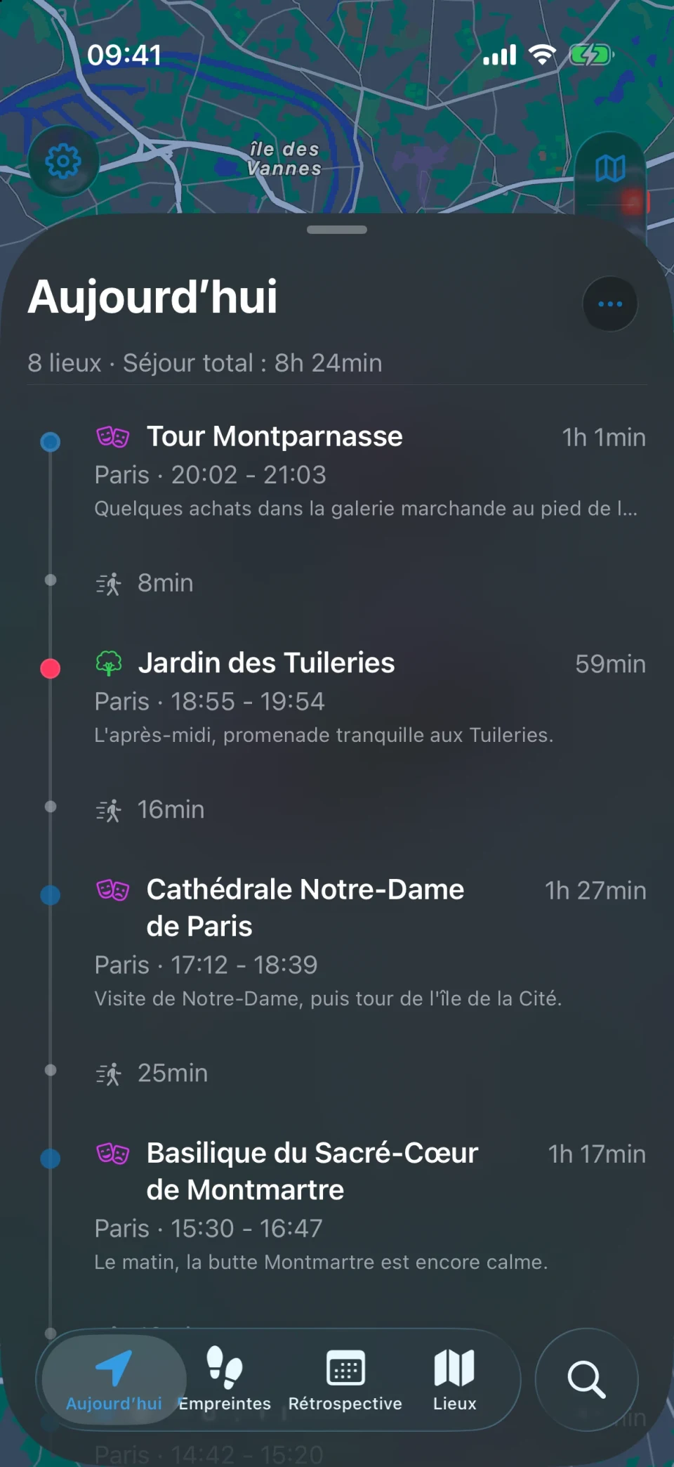 Vue Aujourd’hui de MeTrail avec le trajet du jour et les lieux listés dans l’ordre
