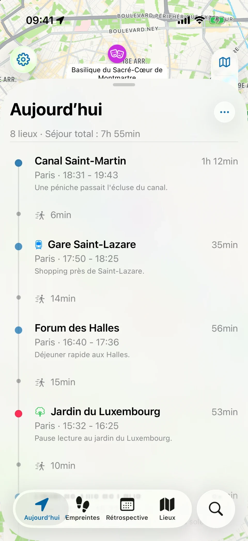 Vue Aujourd’hui de MeTrail avec le trajet du jour et les lieux listés dans l’ordre