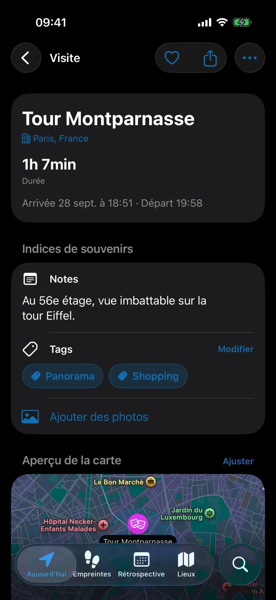 Détails d’une visite dans MeTrail, avec durée du séjour, actions rapides et notes enregistrées