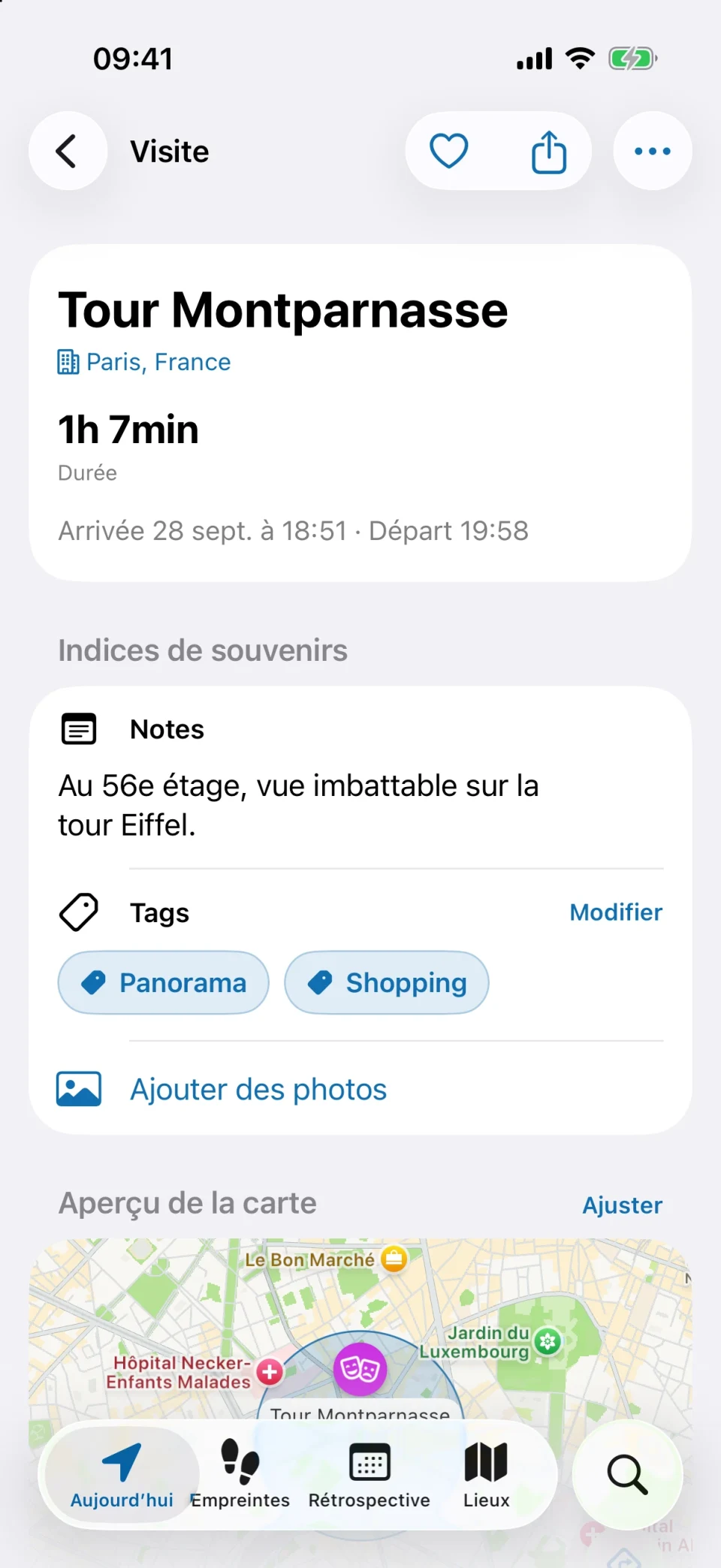 Détails d’une visite dans MeTrail, avec durée du séjour, actions rapides et notes enregistrées