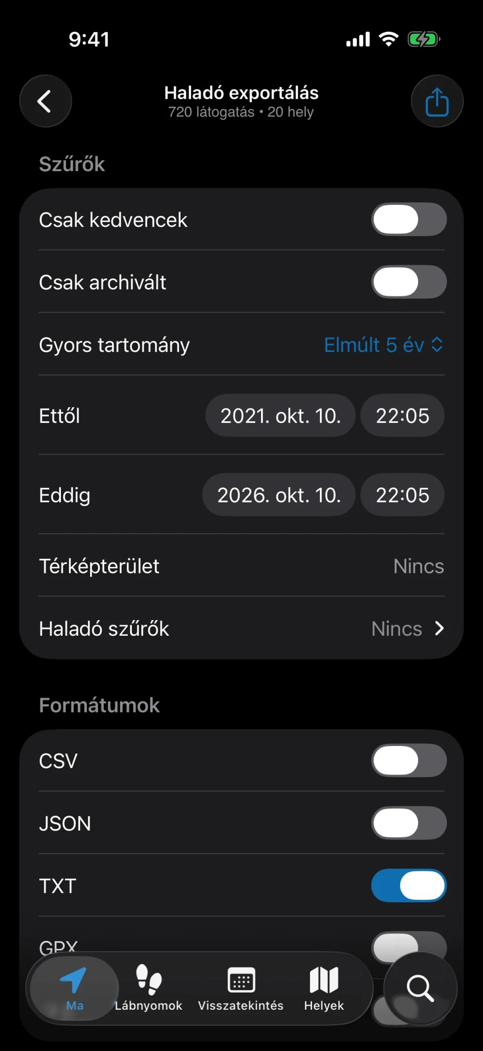 Haladó exportálás a MeTrailben szűrőkkel és formátumválasztással