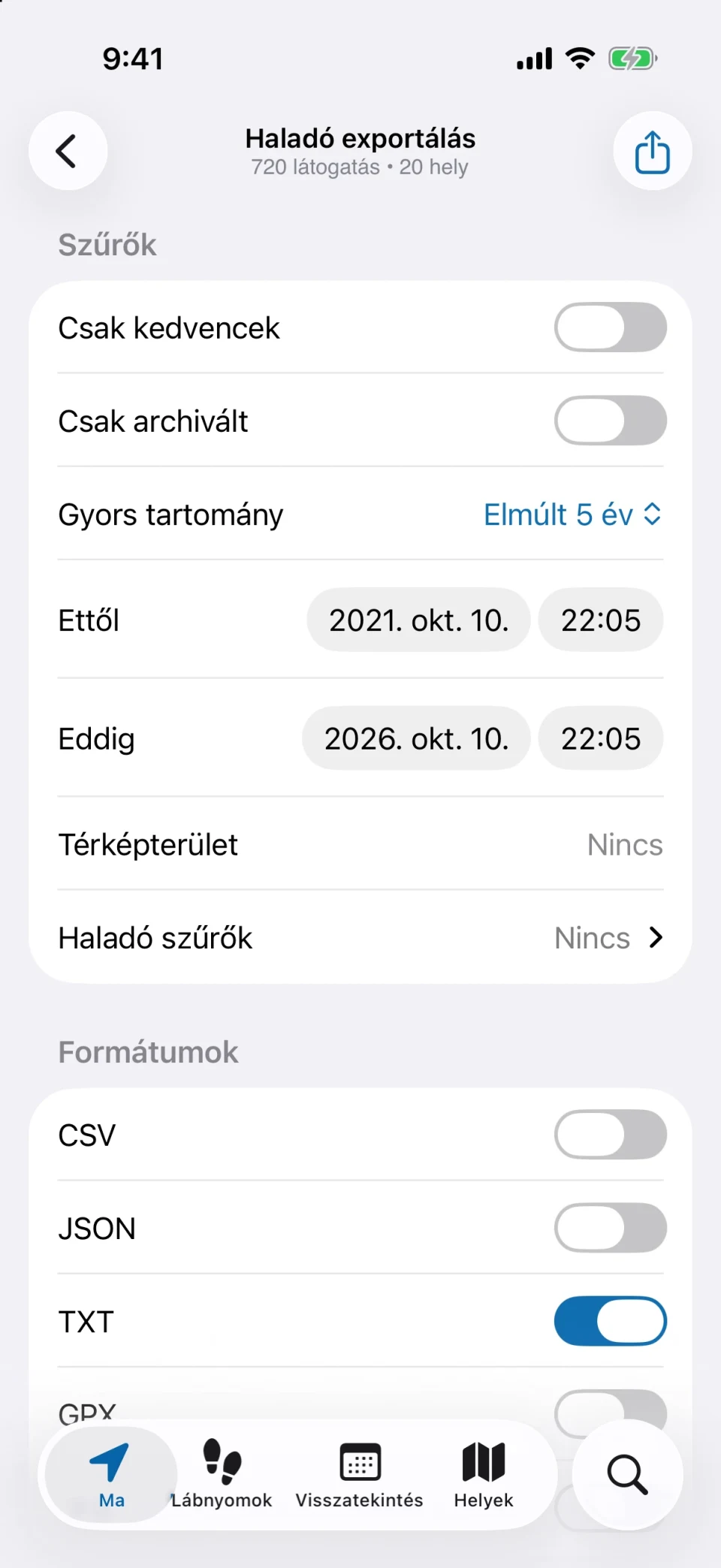 Haladó exportálás a MeTrailben szűrőkkel és formátumválasztással