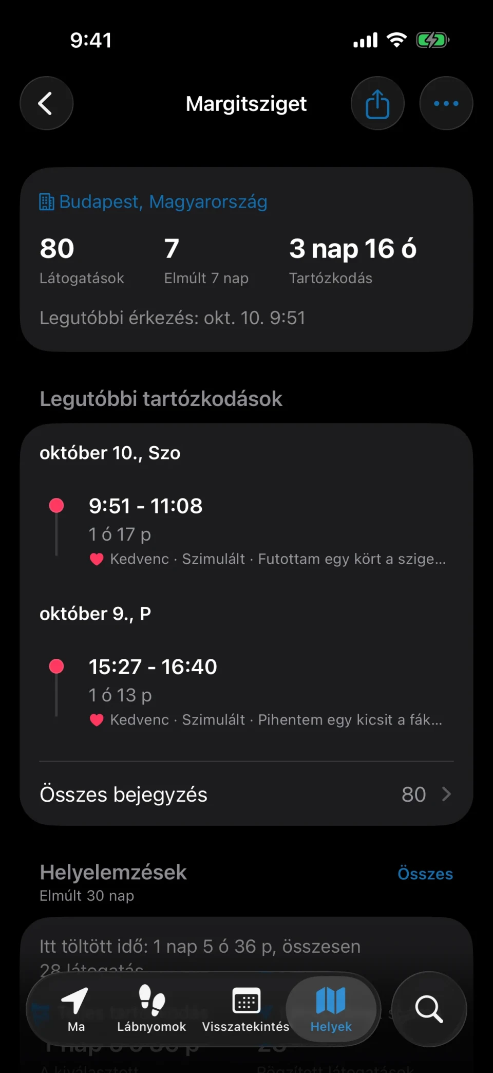 Egy hely részletei a MeTrailben a látogatások számával, a tartózkodás idejével és az előzményekkel