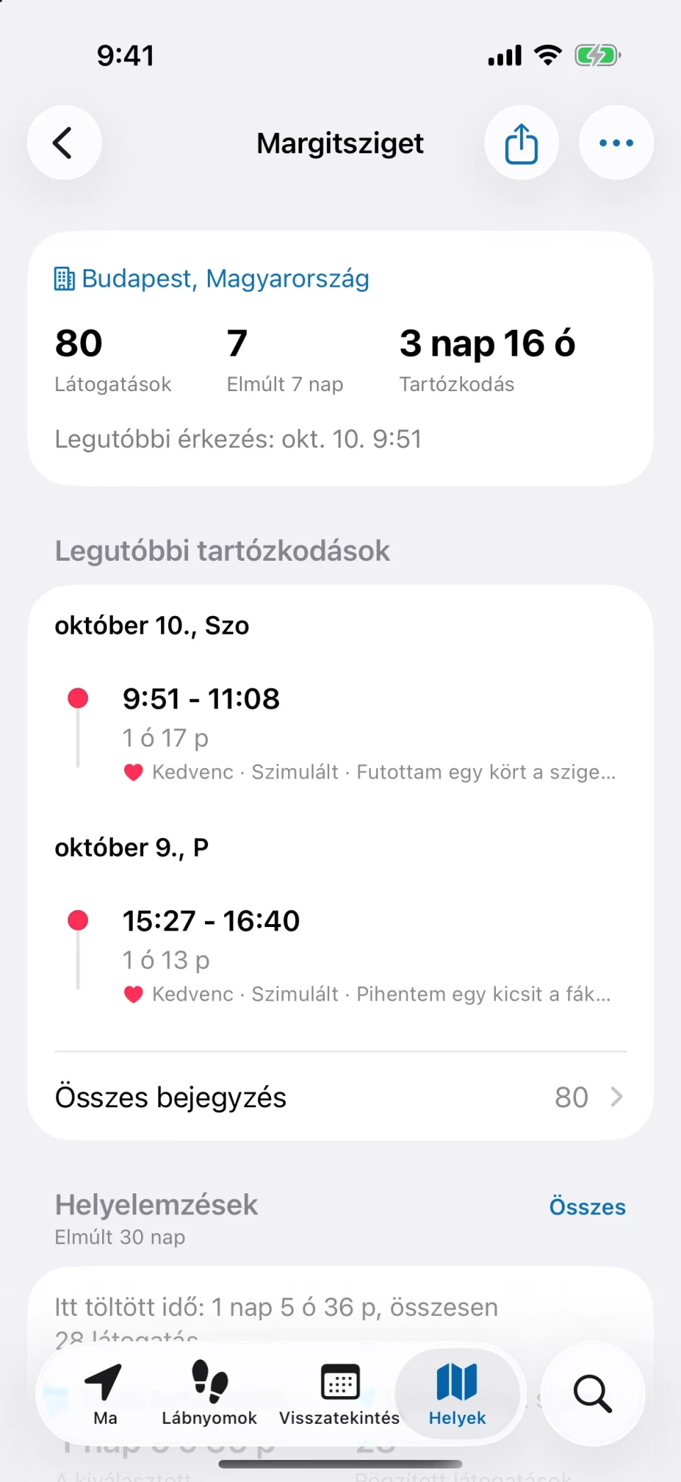 Egy hely részletei a MeTrailben a látogatások számával, a tartózkodás idejével és az előzményekkel
