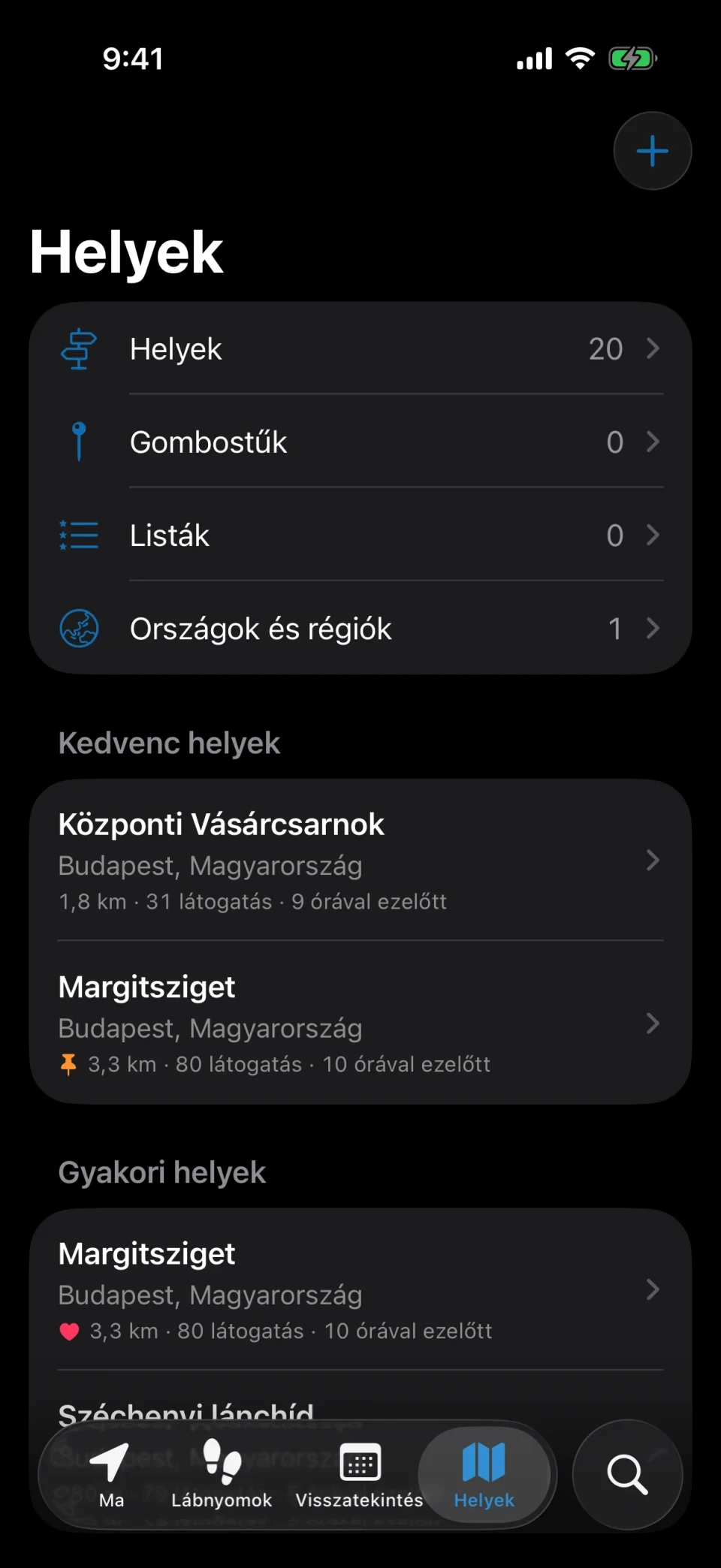 A MeTrail Helyek lapja a gyakran látogatott helyekkel, kedvencekkel és címkékkel