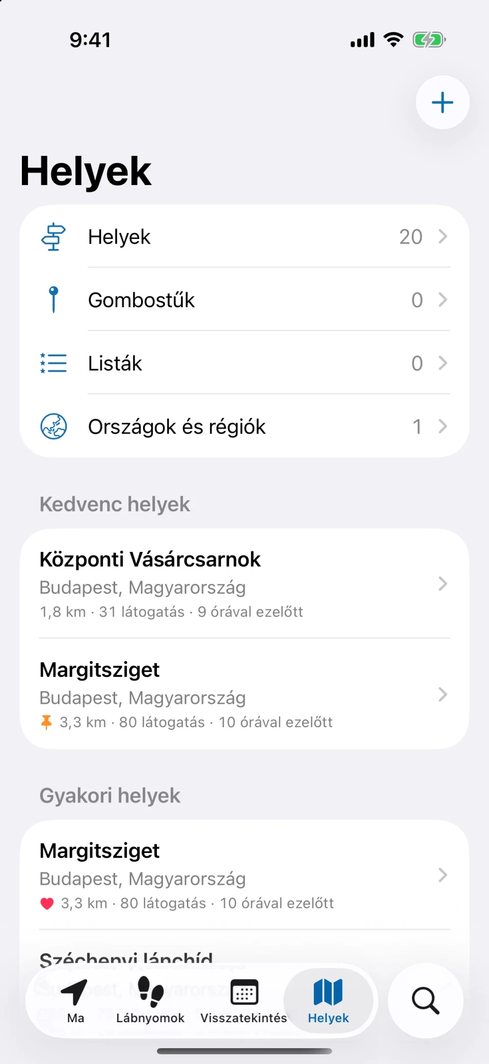 A MeTrail Helyek lapja a gyakran látogatott helyekkel, kedvencekkel és címkékkel